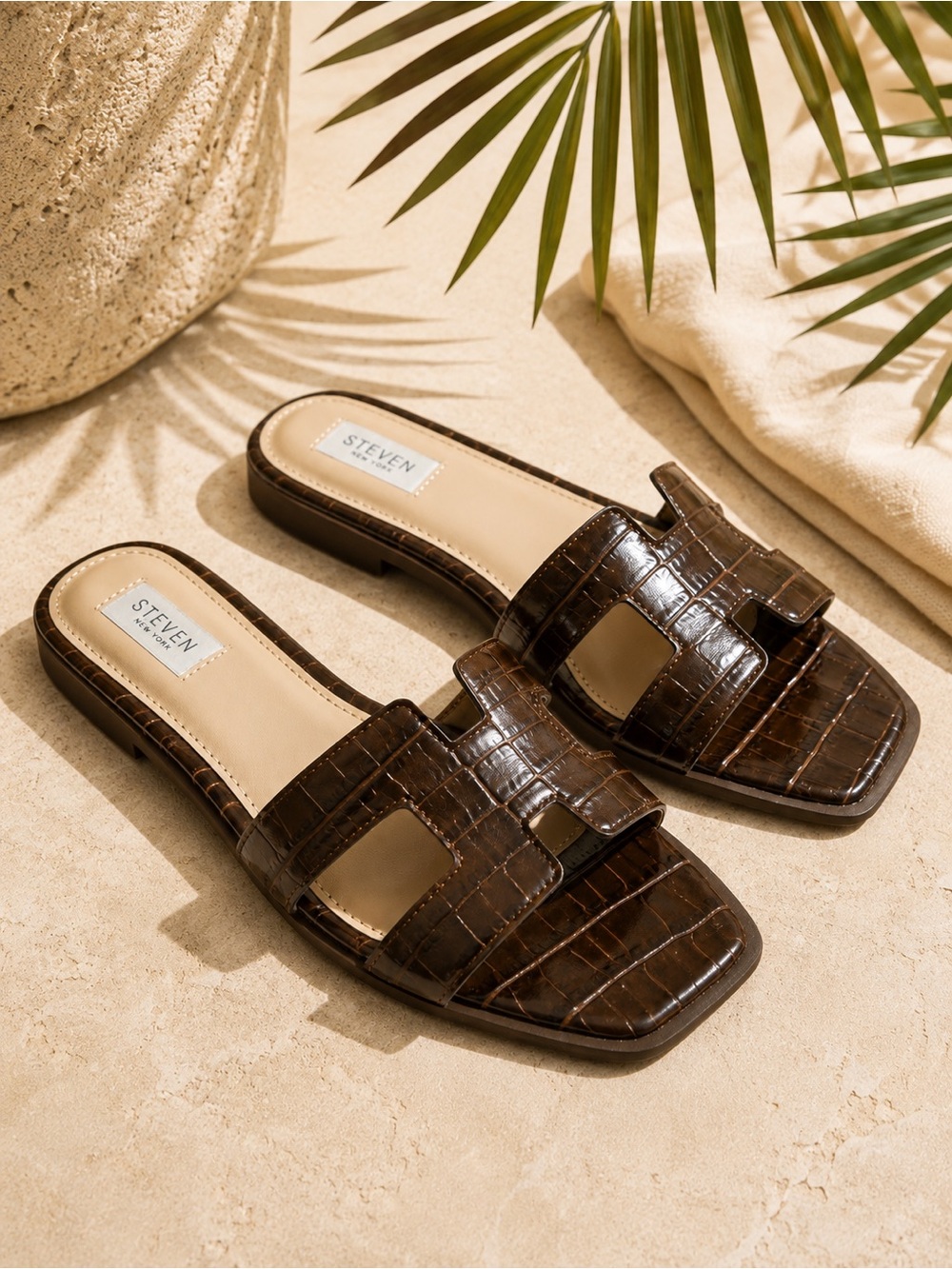 STEVEN New York Harlien Croc Embossed Slide Sandals Brown 9.5 NWOT #51